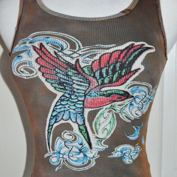 TANK TOP FADED BROWN TATTO PRINT MOCKINGBIRD RED & BLUE COTTON RIB FITS SMALL - Picture 1 of 12